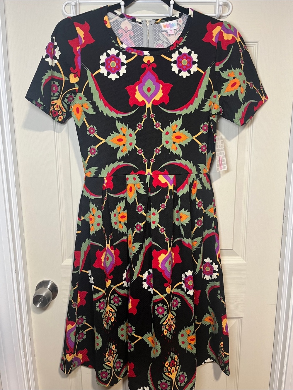 LuLaRoe Black Floral Fit & Flare Dress with Pink, Red, Yellow and Green Accents